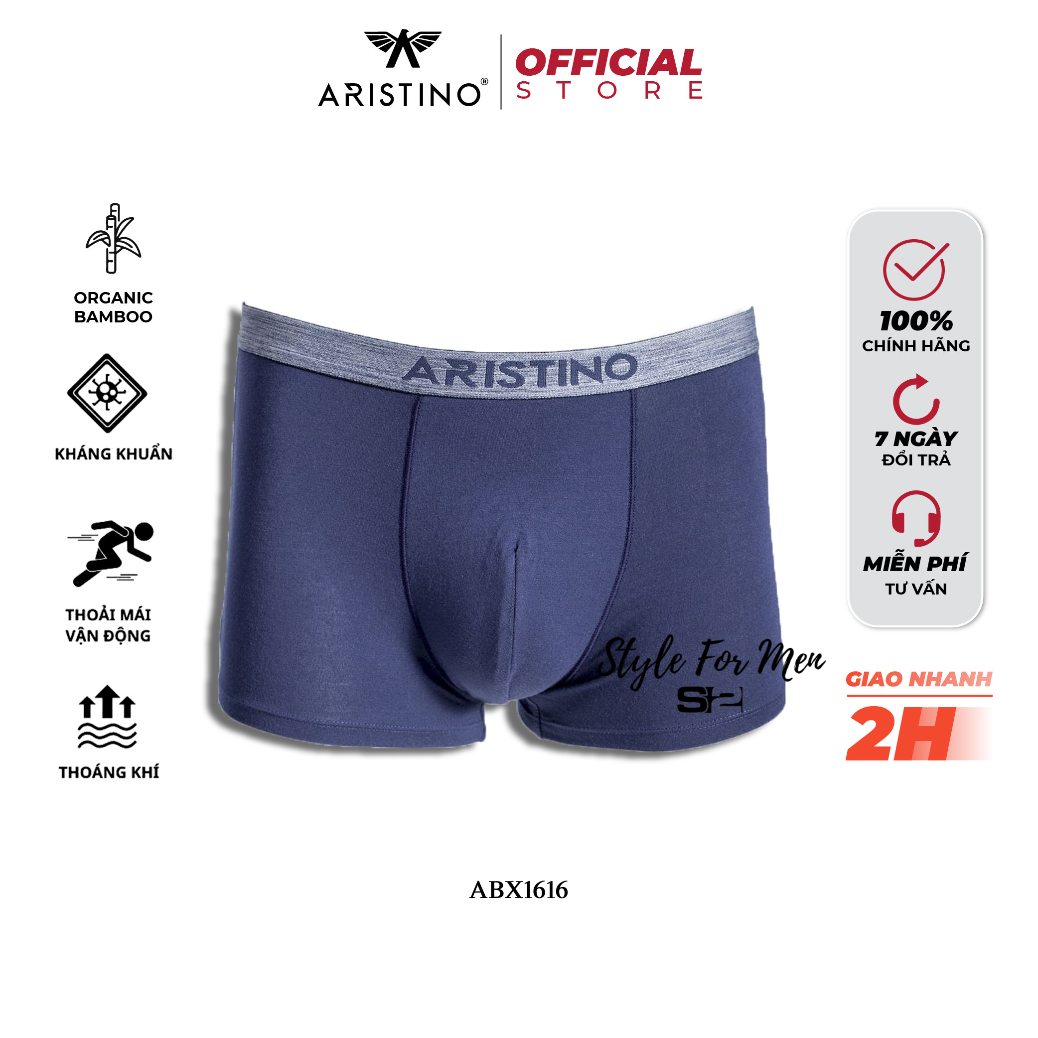 Quần lót nam ARISTINO ABX1616 quần sịp đùi boxer ôm nhẹ vải sợi tre bamboo mền mịn co giãn kháng khuẩn khử mùi tốt