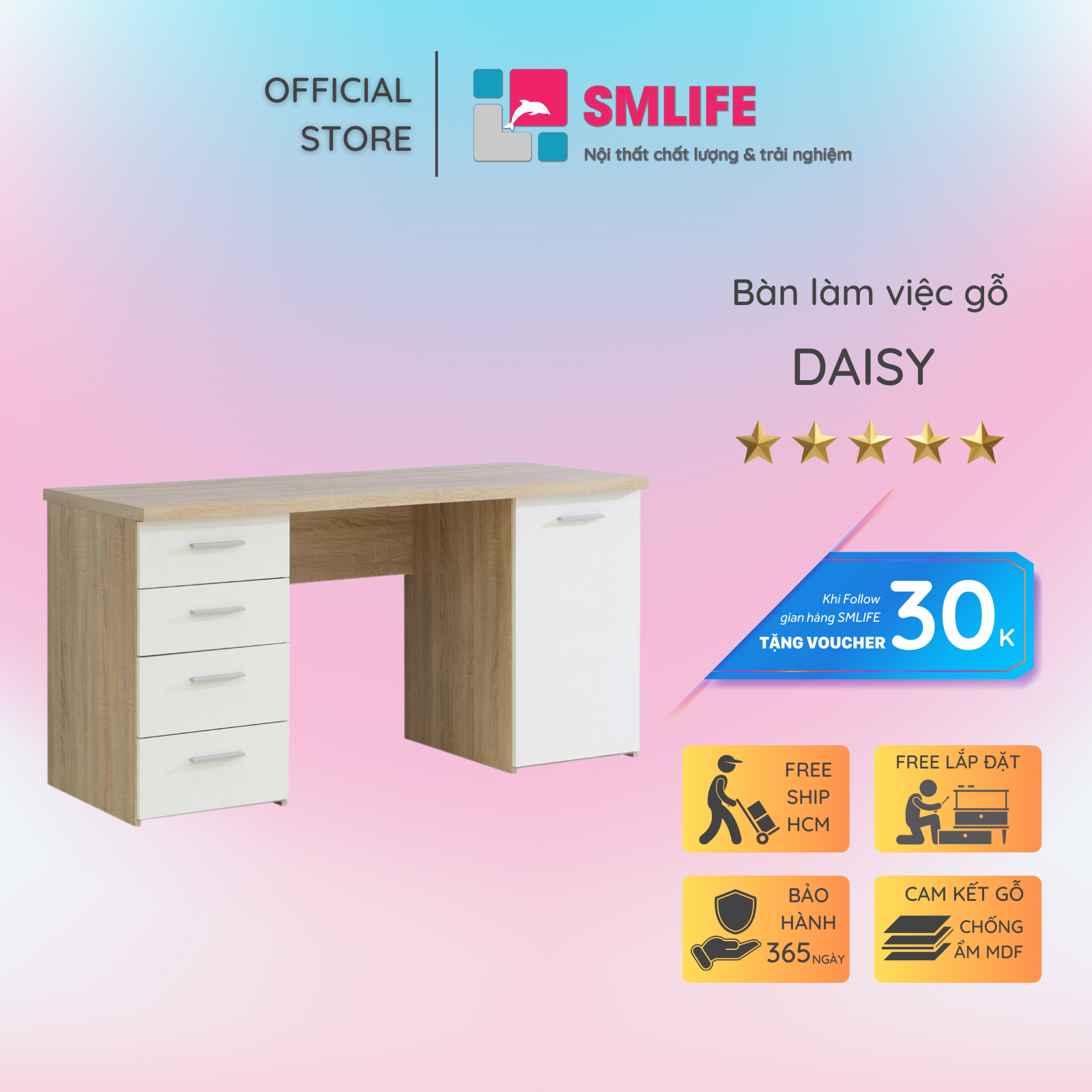 Bàn làm việc, bàn học gỗ hiện đại SMLIFE Daisy | Gỗ MDF dày 17mm chống ẩm | D140xR60xC75cm - Màu