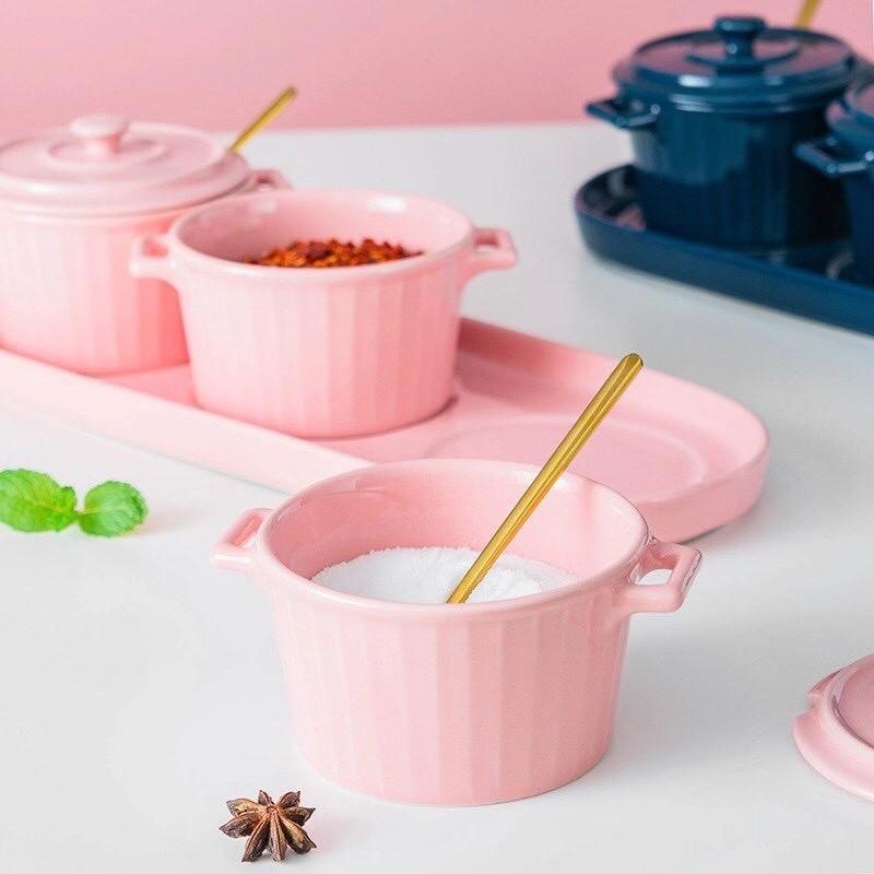 Khay 3 Hũ Sứ Gia Vị kèm thìa, Sét Ăn Sáng Đồ Ăn Dặm, Sứ cao cấp xuất khẩu