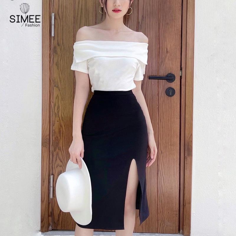 Set váy thiết kế Simee áo trễ vai xẻ mix chân váy xẻ tà