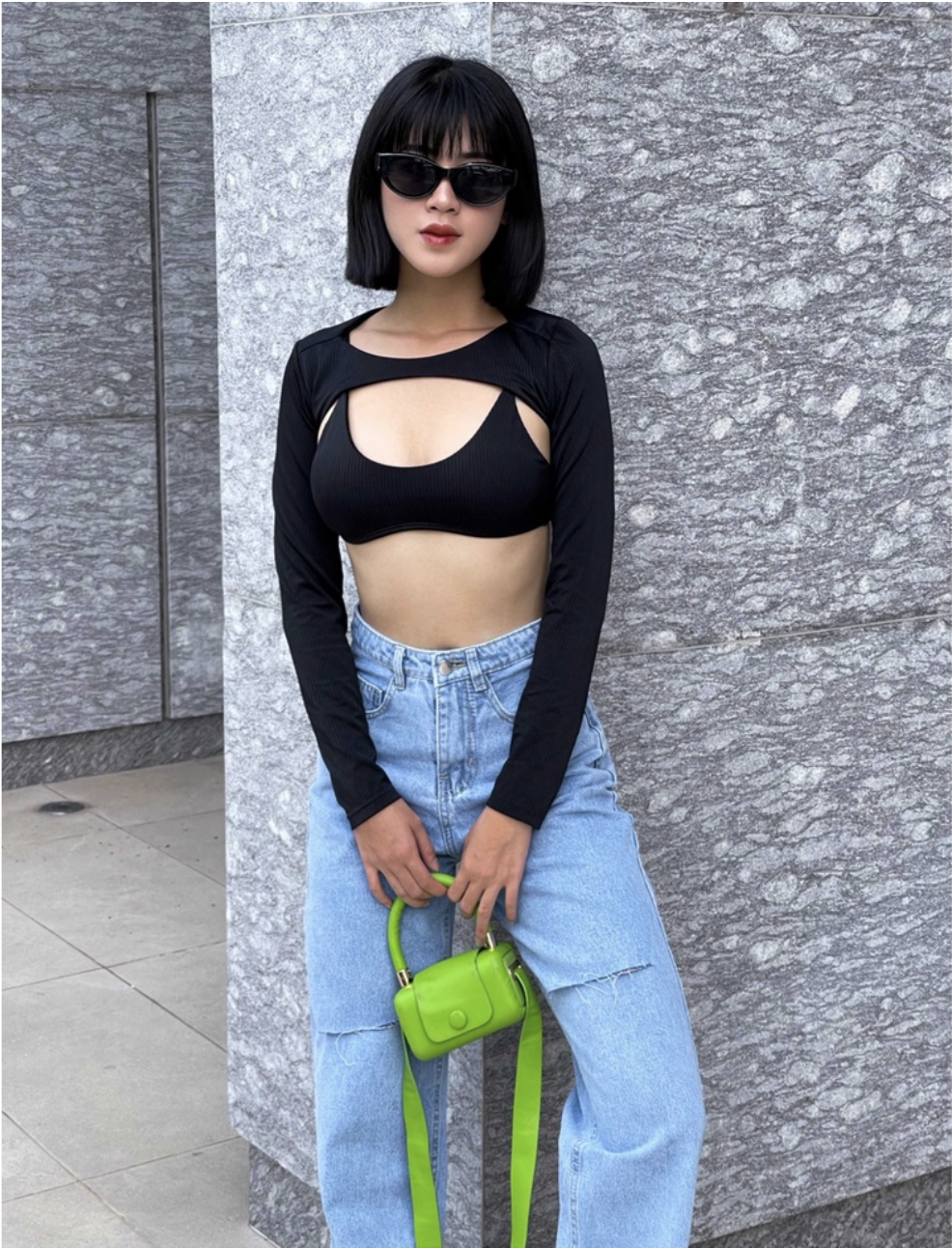 Đồ bơi nữ cao cấp dạng hai mảnh áo chữ U phối áo cover tay dài sexy - Đen - VS180_BL