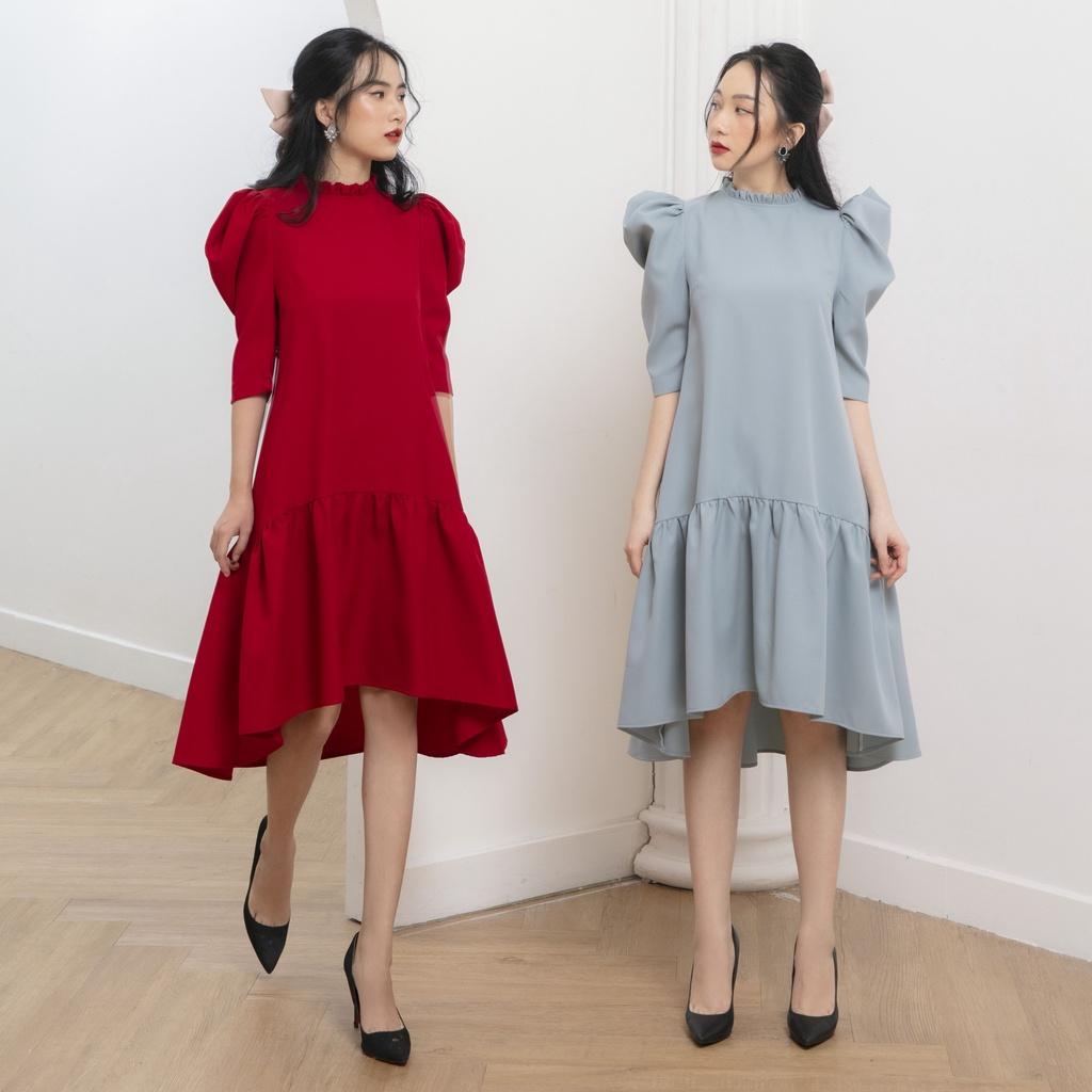 KIOBI – Đầm Altaria form suông, cổ tròn nhún bèo, tay lửng xếp phồng cổ điển, tùng lai bèo,vải cotton bố lam - KID20032L