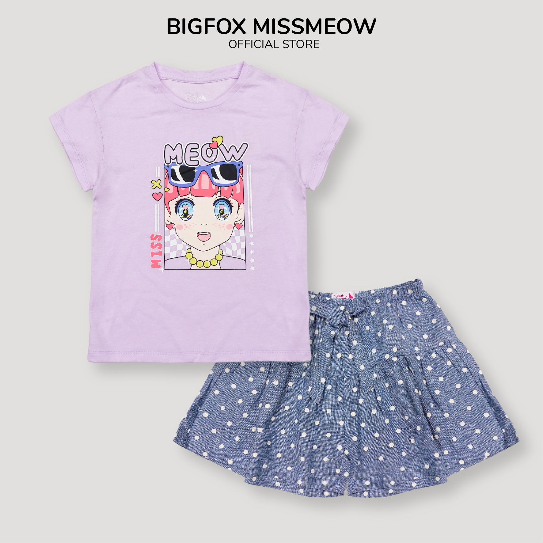 Bộ quần áo bé gái Bigfox Miss Meow mùa hè size đại kiểu áo cotton mix short linen dáng Hàn 3,6,9,11 tuổi 30kg 40kg 1949