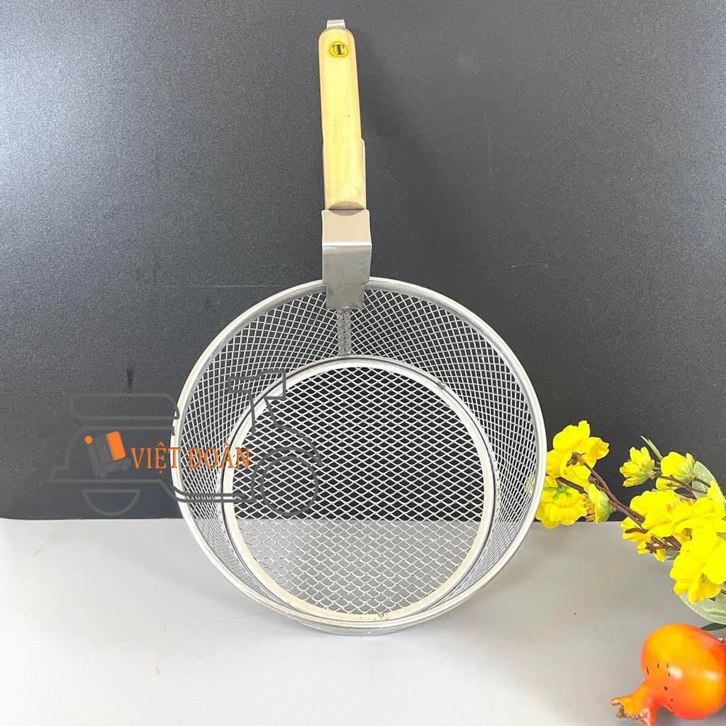 RỔ VỚT XƯƠNG, RỔ LƯỚI CHIÊN KHOAI TÂY, GÀ RÁN , HẢI SẢN tay cầm gỗ 22 cm - INOX không rỉ, viền inox chắc chắc