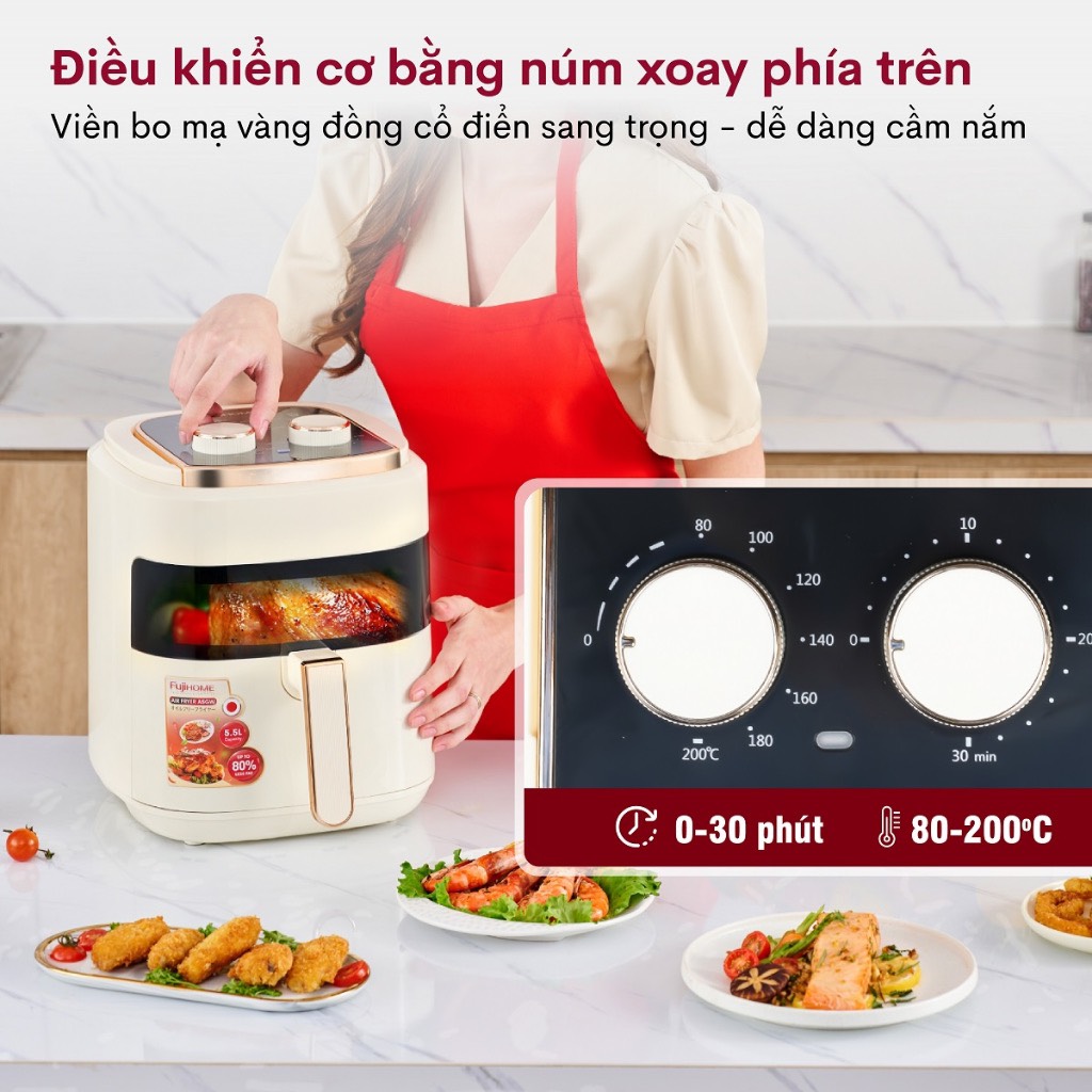 Nồi chiên không dầu 5.5 Lít mặt kính nhập khẩu Nhật Bản Fujihome A5GW tự ngắt tiết kiệm điện, nồi chiên k dầu cơ 5.5 L chống dính cao - HÀNG CHÍNH HÃNG