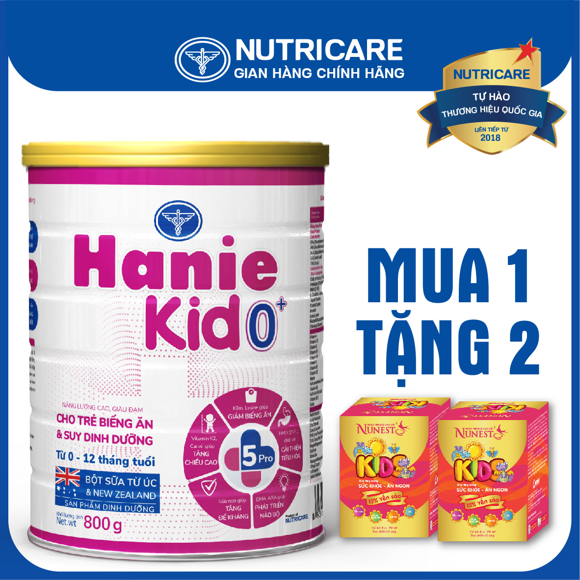 [Tặng 2 lọ yến] Sữa bột Nutricare Hanie Kid 0+ cho trẻ biếng ăn suy dinh dưỡng 800g