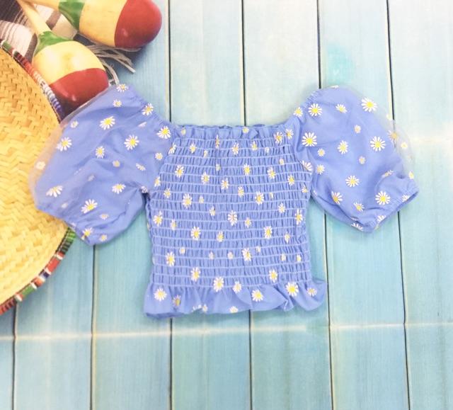 Áo kiểu nhún phối lưới in hoa cúc