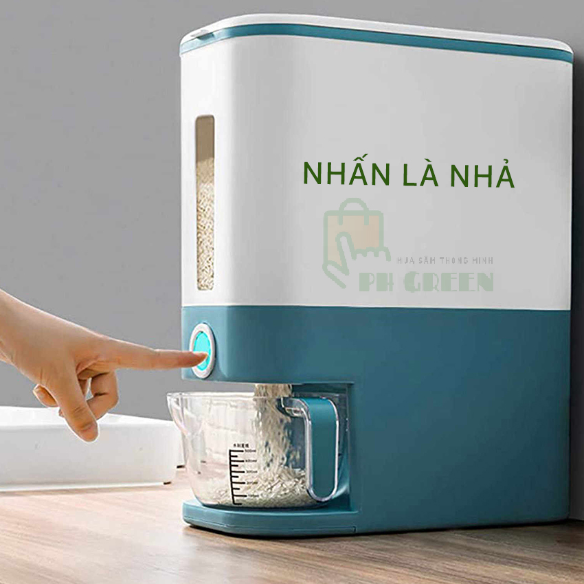 [ Freeship Max] Thùng Đựng Gạo Thông Minh Nhật Bản 12kg, Thiết Kế Dạng Ấn Nút, Chất Liệu Nhựa ABS Cao Cấp, Tặng Kèm Cốc Đựng Gạo