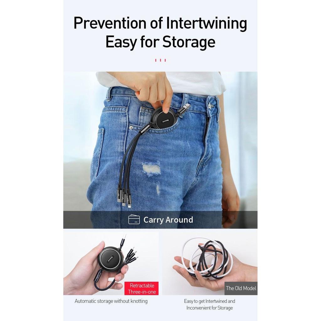 Cáp sạc dây rút 3 đầu Baseus Golden Loop Elastic 3 in 1- Hàng chính hãng.