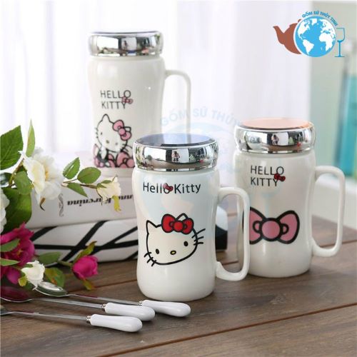 Ly sứ giữ nhiệt nắp tráng gương 400ml có tay cầm,in họa tiết ngẫu nhiên