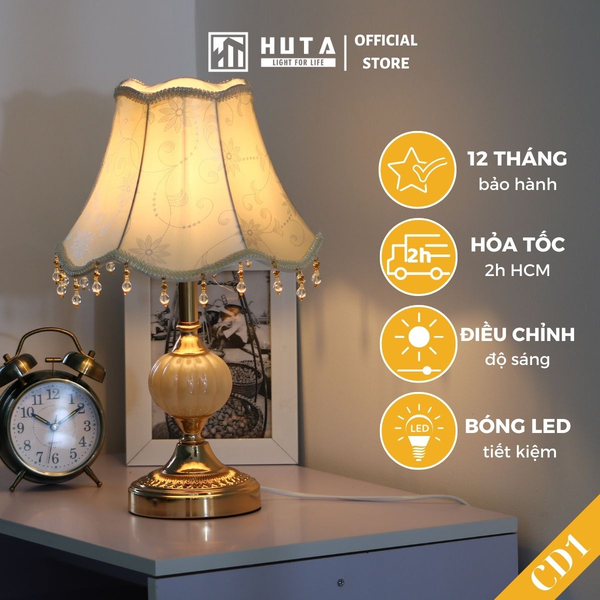 Đèn Ngủ Để Bàn Thép HUTA CD1 Sang Trọng Cổ Điển, Decor Trang Trí Phòng Ngủ, Khách Sạn, Điều Chỉnh Độ Sáng, Bóng Led Sáng Vàng Tiết Kiệm Điện