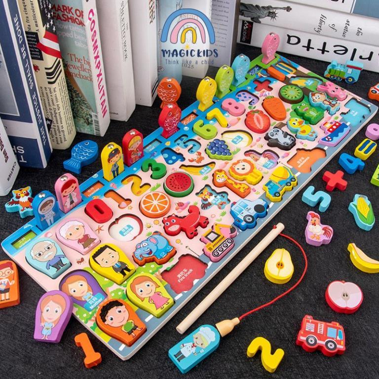 Bộ đồ chơi câu cá gỗ kèm chữ số hình học đồ chơi phát triển trí tuệ cho bé