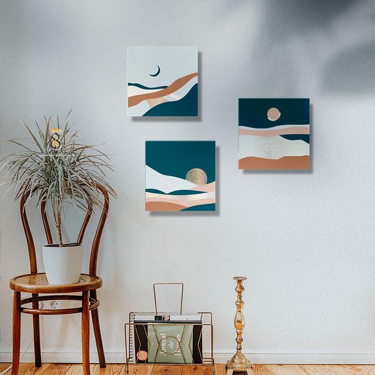 Bộ 03 Tranh Canvas | Sông.Trăng Abstract 3FSABS006 | Tranh Căng Khung Cao Cấp | Tặng Kèm Đinh Đa Năng