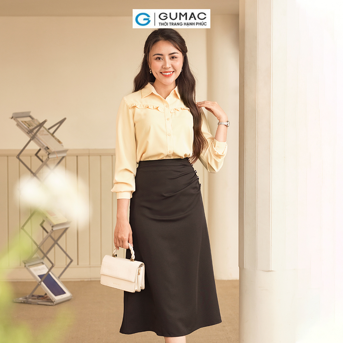 Áo sơ mi nữ tay dài phối bèo tạo kiểu nữ tính thanh lịch thời trang GUMAC AD06010