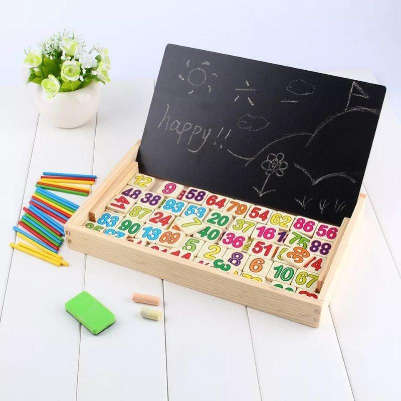 Hộp Đồ Kết Hợp Số + Đồng Hồ + Que Tính+ Bảng Bằng Gỗ Giúp