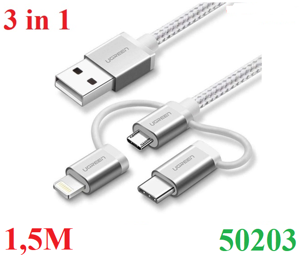 Phụ kiện Cáp sạc dữ liệu 3 trong 1 USB Micro/Type-C/ dài 1,5M/cổngL.i.g.h.t.n.i.n.g Ugreen 50203-Hàng chính hãng