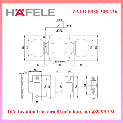 Tay nắm tròn =KL, cửa đi màu inox mờ Hafele 489.93.130( Hàng chính hãng)