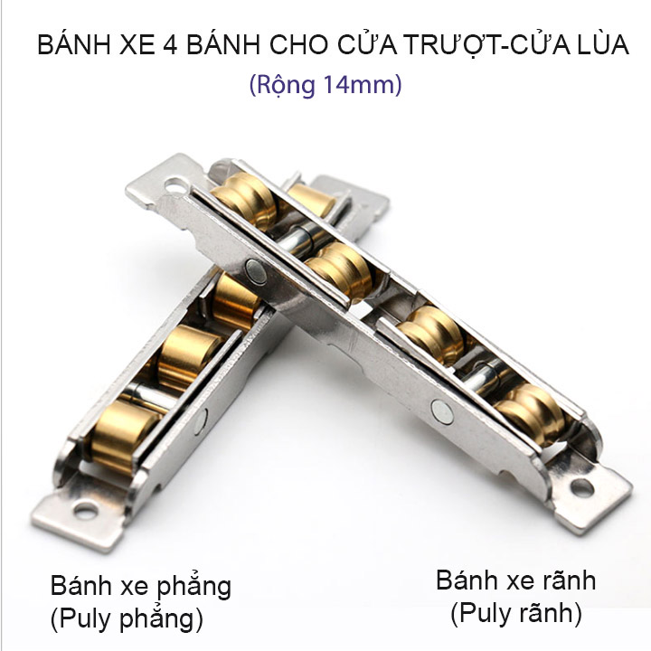 01 Bánh xe 4 cho cửa trượt-cửa lùa bằng inox không gỉ rộng 14mm, dùng cho cửa lùa nhựa, nhôm, thép