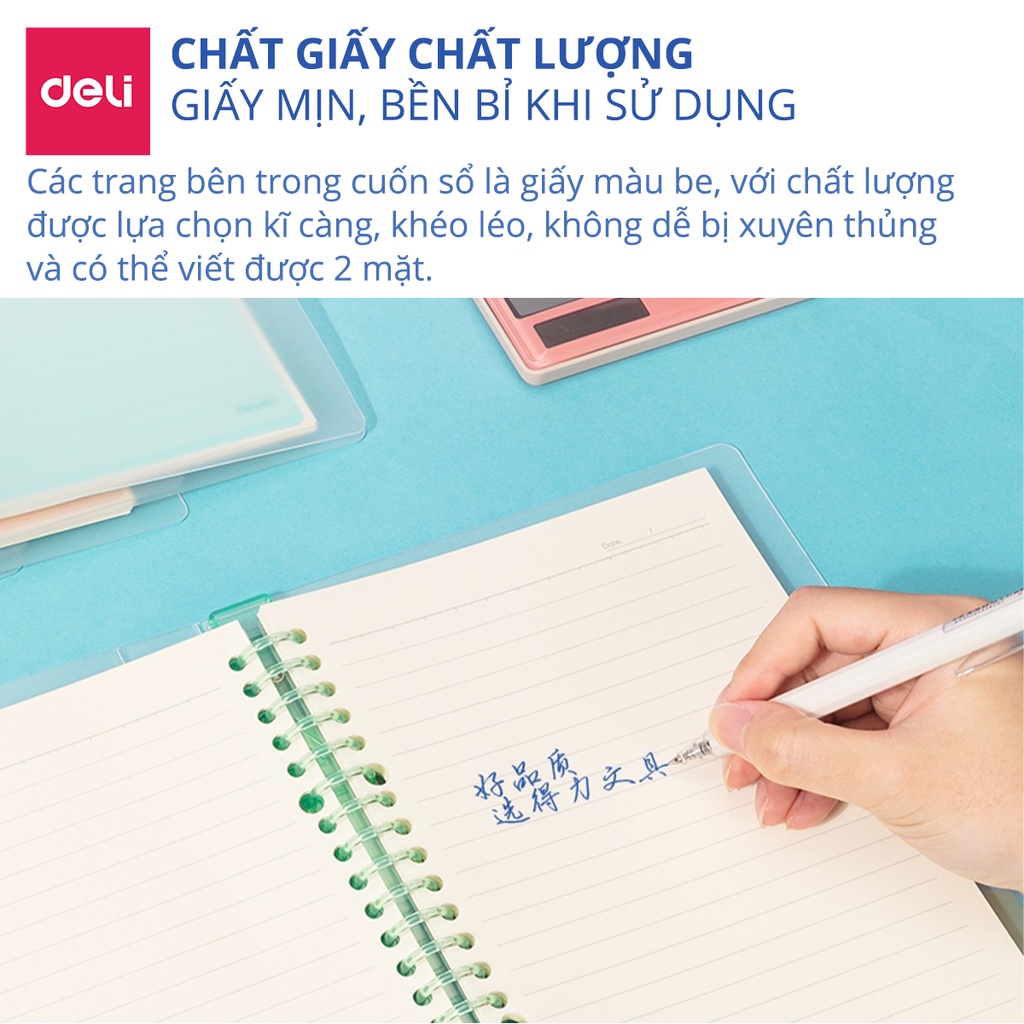 Sổ Tay Ghi Chép 60 Trang Gáy Lò Xo A5 Deli - Xanh Dương/Hồng/Vàng/Xanh Lá - QHA560