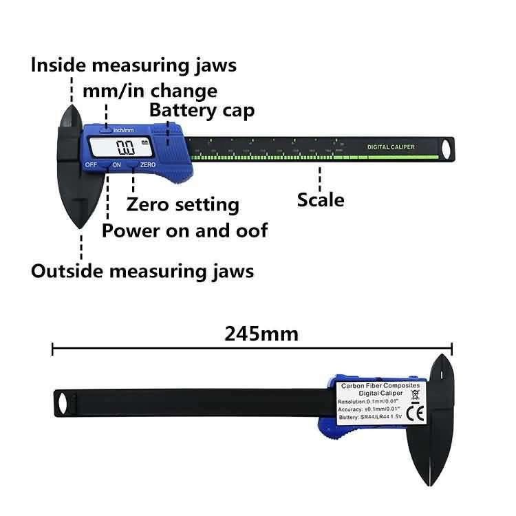 Thước kẹp điện tử nhựa sợi cacbon dài 150mm độ chia 0.1mm có sẵn pin- Thước đo độ dài điện tử - Thước cặp điện tử