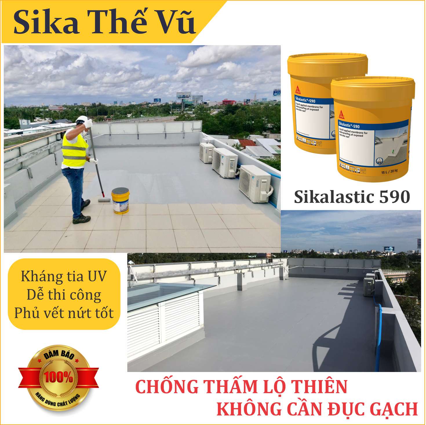 Chống thấm không cần đục gạch, chống thấm sân thượng, sàn mái lộ thiên - Sikalastic 590 (thùng 20kg)