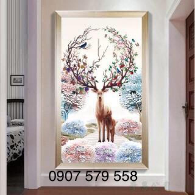 Tranh thêu chữ thậphươu tài lộc fj0795 CHỈ LỤA --THÊU KÍN KT 80x148 cm