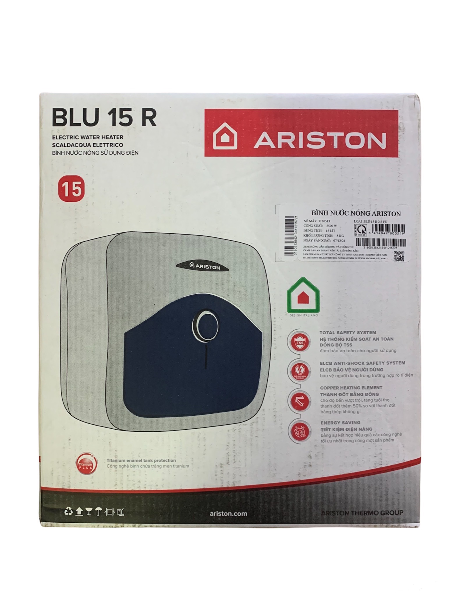 Bình nước nóng gián tiếp ARISTON 15 lít BLU 15R(Bình vuông) - Hàng chính hãng