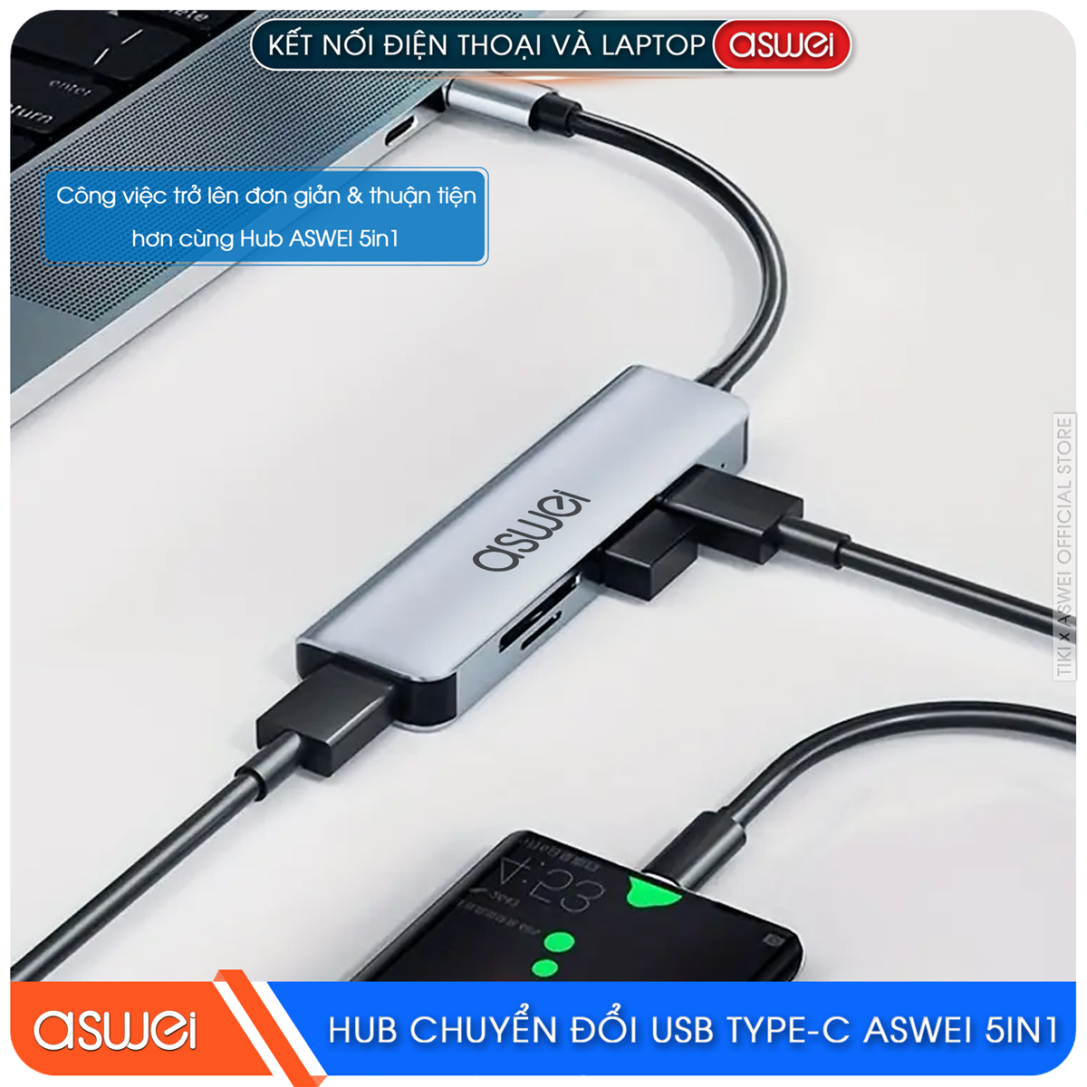 Hub Chuyển Đổi USB Type C ASWEI 5 in 1 - USB 3.0, SD, TF Tốc Độ Cao - Hàng Chính Hãng