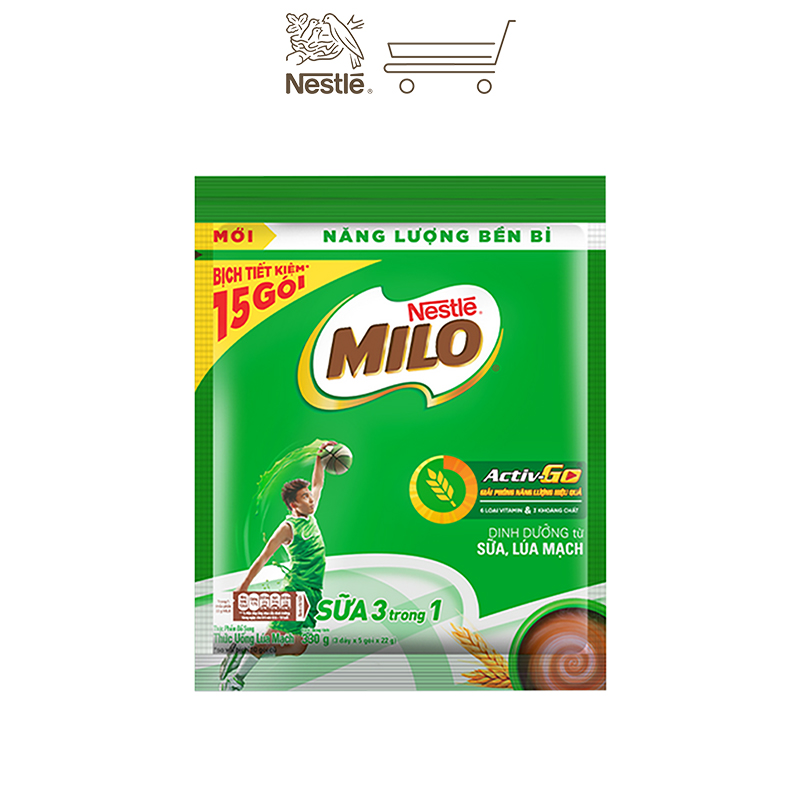 Thức uống lúa mạch Nestlé Milo sữa 3 trong 1 (Bịch 15 gói x 22g)