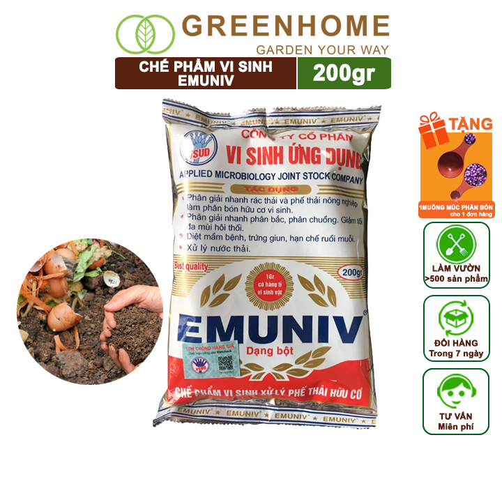 Chế Phẩm Vi Sinh EM Greenhome, Emuniv, Gói 200gr, Dùng Ủ Phân Bón Hữu Cơ, Xử Lý Rác Thải Gia Đình, Phân Huỷ Nhanh