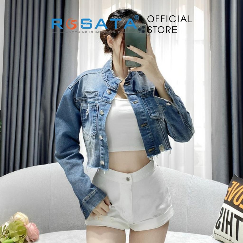 Áo Khoác Nữ ROSATA K35 Croptop Jeans Túi Hộp Cổ Trụ Tua Thời Trang Dài Tay Màu Xanh Freesize Cao Cấp Xuất Xứ Việt Nam