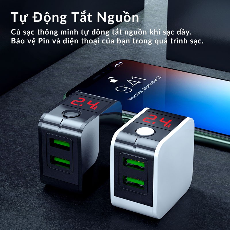 Củ Sạc Nhanh Thông Minh Hoco HK5, Sạc Đầy Pin Tự Động Tắt Nguồn Chống Chai Pin, 2 Cổng Sạc USB 2.4A/5V, Màn Hình Led Hiển Thị Số - Hàng Nhập Khẩu