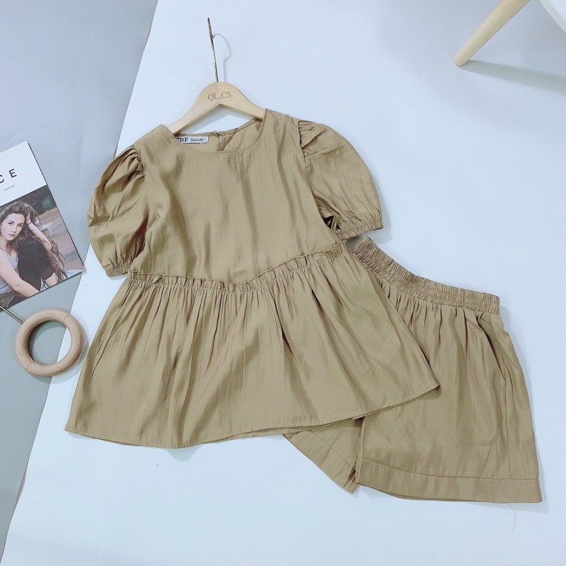 Bộ đũi tơ viền bèo babydoll xanh cho nữ SETN374
