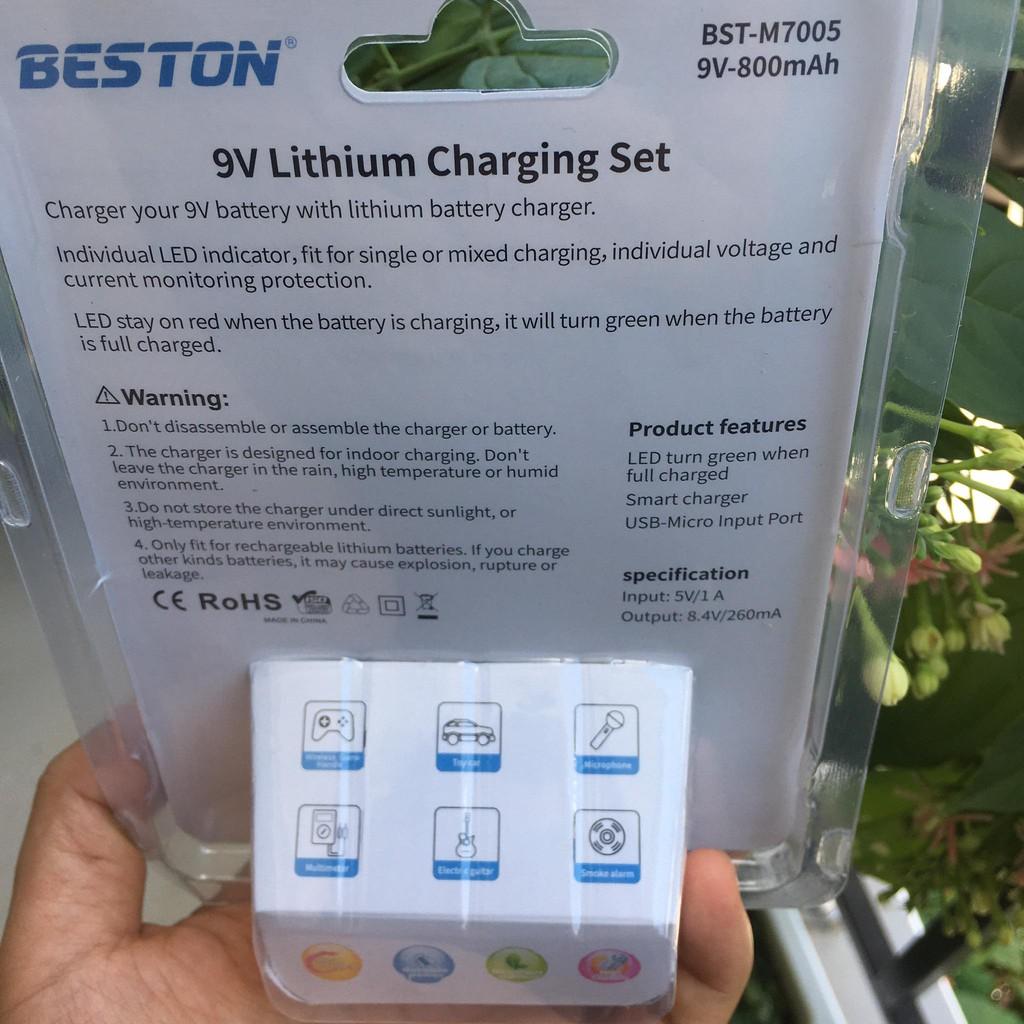 Pin sạc 9V Beston Li-Ion dung lượng cao, bộ sạc pin vuông dùng cho micro, đồng hồ vạn năng, chuông báo động, đồ chơi