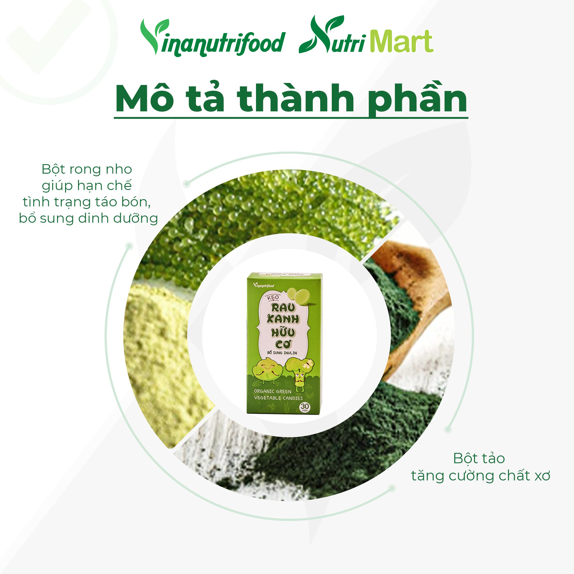 Kẹo rau xanh Vinanutrifood bổ sung chất xơ thành phần từ rau xanh, sữa bò cô đặc, đường ăn kiêng Isomalt, bổ sung tinh chất rau củ chứa vitamin và khoáng chất xơ, có lợi cho tiêu hóa, phù hợp với bé lười ăn rau, hộp 30 viên