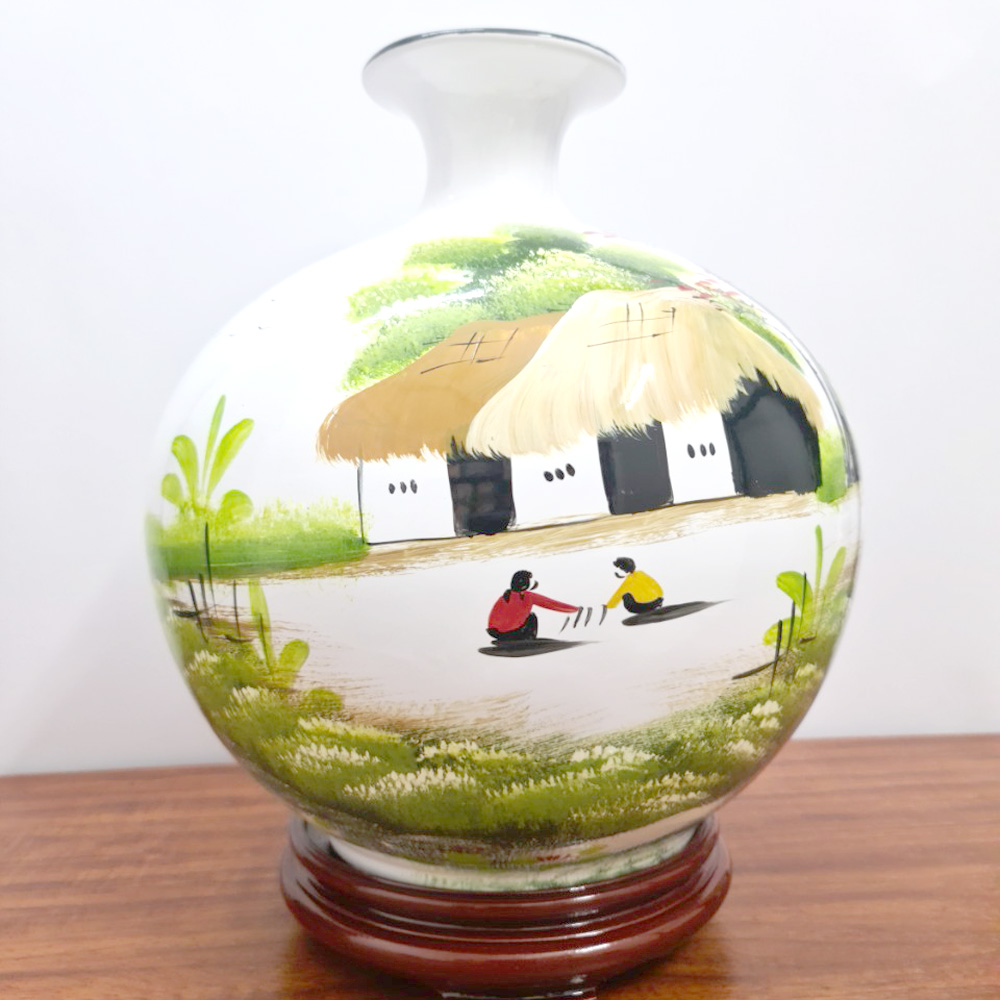 Bình Hút Lộc Gốm Sứ Trắng Vẽ Tranh Đồng Quê - 30cm - Maxi