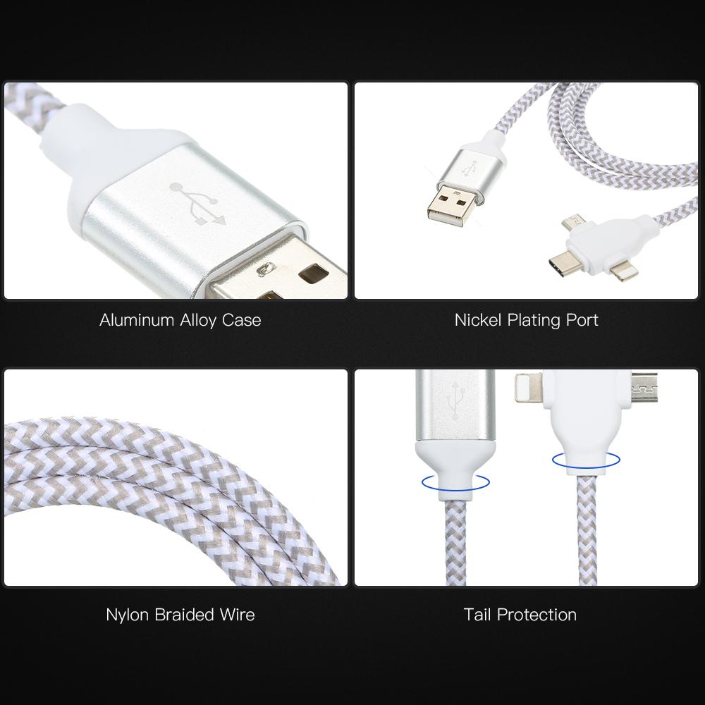 3 in 1 Charging Cable Data Cable 2.4A with Micro USB/Type-c Replacement for iPhone Xiaomi Huawei Samsung Nylon Braided