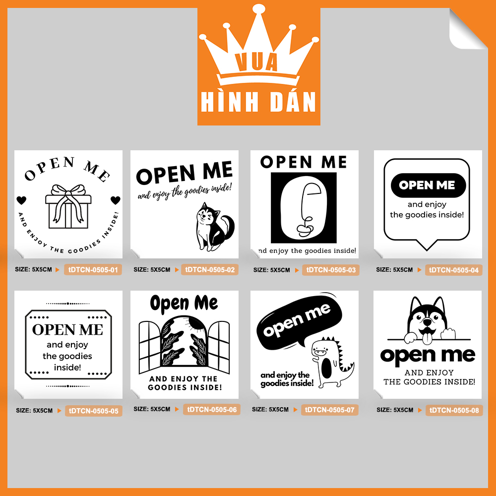 Set 50/100 sticker OPEN ME AND ENJOY THE GOODIES INSIDE 5x5cm nhãn dán hộp quà, túi sản phẩm