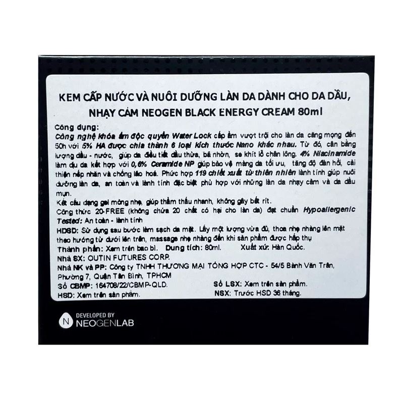 Kem Dưỡng Cấp Nước, Tăng Độ Đàn Hồi, Cải Thiện Nếp Nhăn Cho Da Dầu Và Da Nhạy Cảm Neogen Black Energy Cream