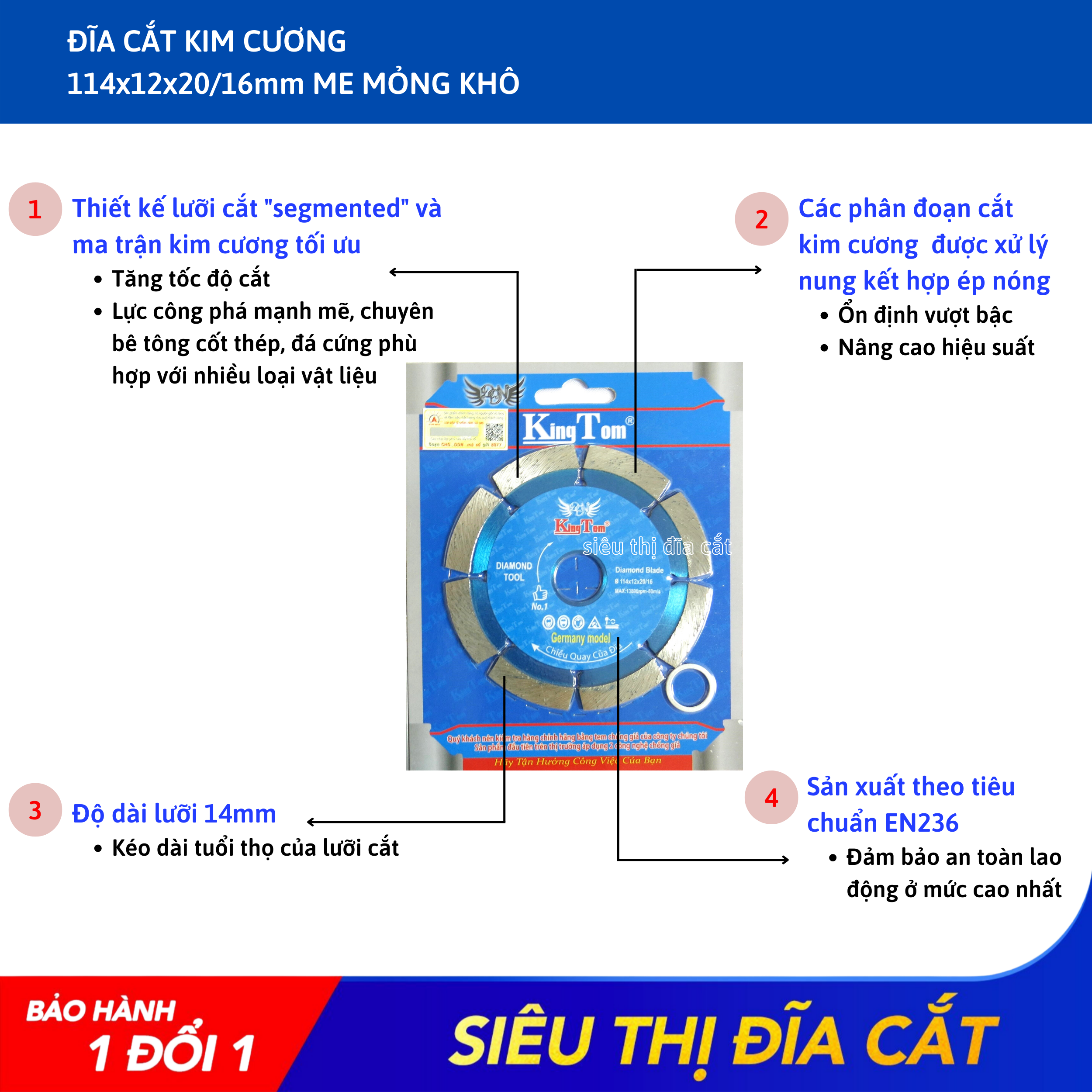 Lưỡi Cắt Gạch 100mm KingTom Me Mỏng Khô - Siêu Bén, Siêu Bền