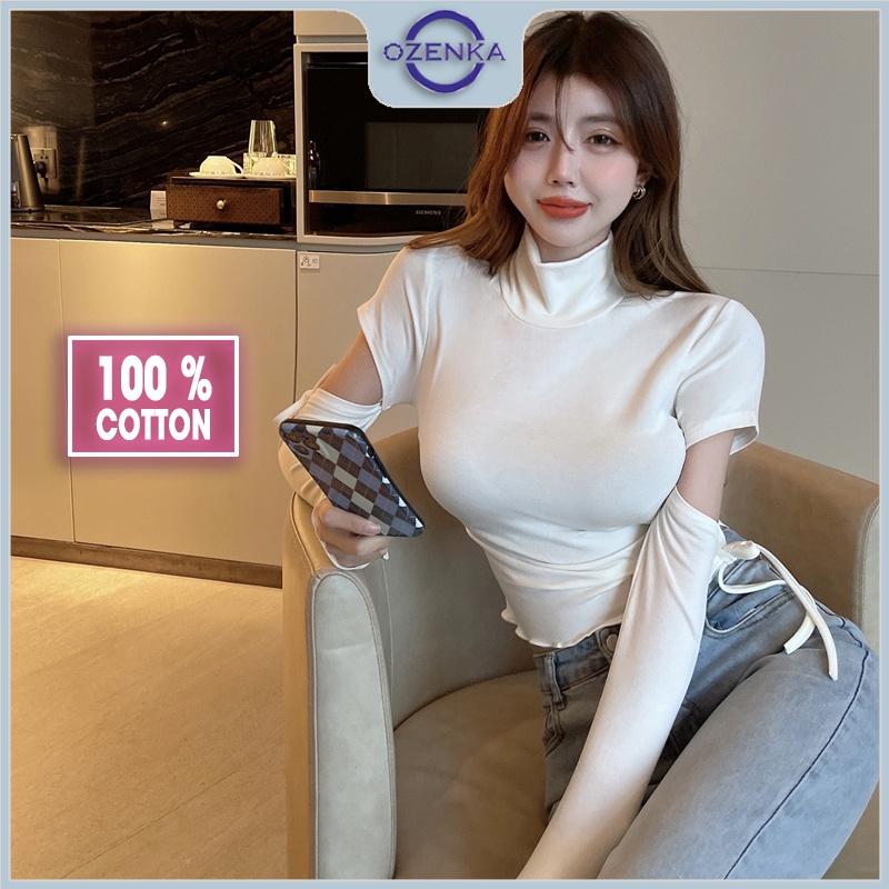 Áo croptop nữ tay dài cổ lọ ôm body Ozenka , áo crt kiểu hở tay thun gân 100% cotton màu đen trắng dưới 55 kg