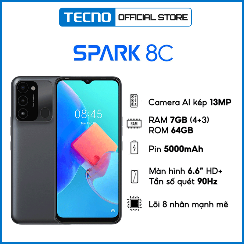 Điện thoại TECNO Spark 8C (4GB/64GB) - RAM tùy biến mở rộng tới 7GB |Pin 5000 mAh| 6.6&quot; HD+ 90Hz - Hàng chính hãng