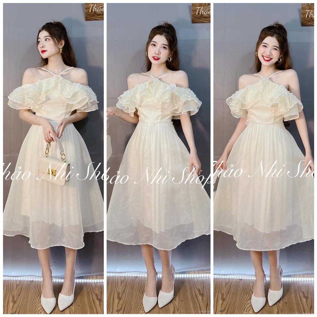 Đầm maxi yếm bánh bèo trễ vai chất tơ nhũ màu kem dự tiệc sinh nhật cực xinh