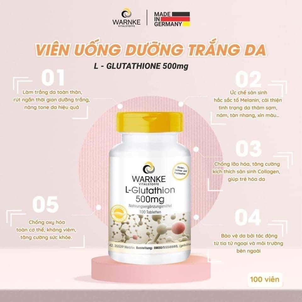 Viên Uống Trắng Da, Ngừa Lão Hóa, Ngăn Nám Warnke L-Glutathion, 500mg, Giúp Dẹp Da Từ Bên Trong, Nhập Đức, 100 Viên