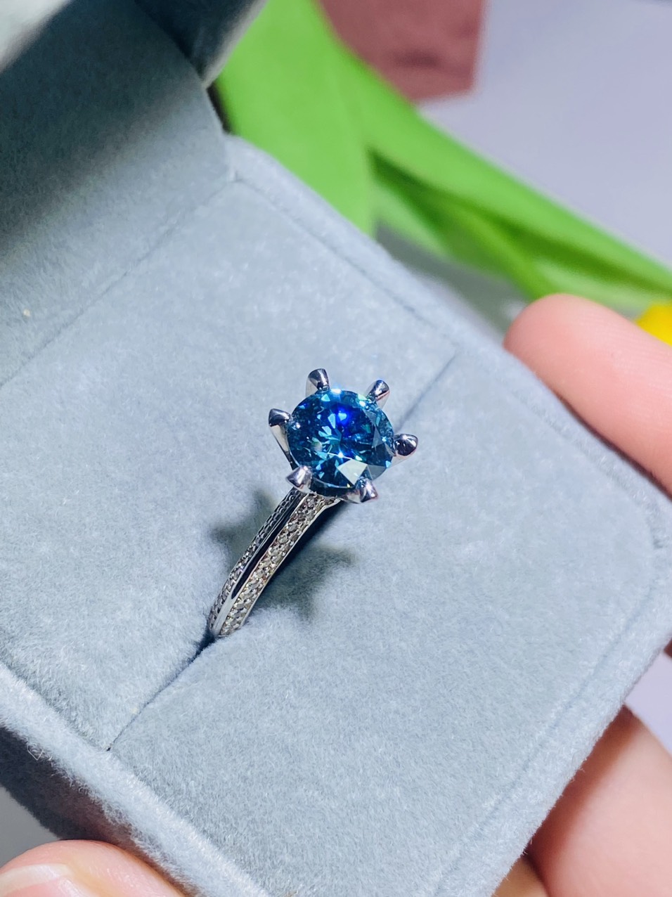 Phụ kiện đeo ngón tay Bạc 925 xi Kim viên chủ Kim Cương nhân tạo Moissanite Xanh hạt 1.5carat - R15.13