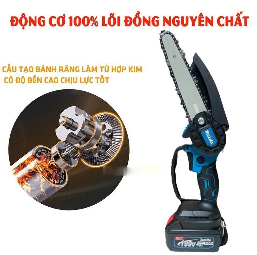 Máy cưa xích cầm tay, máy cưa gỗ mini dùng pin M..K.T 199V pin 10cell cắt gỗ tỉa cành