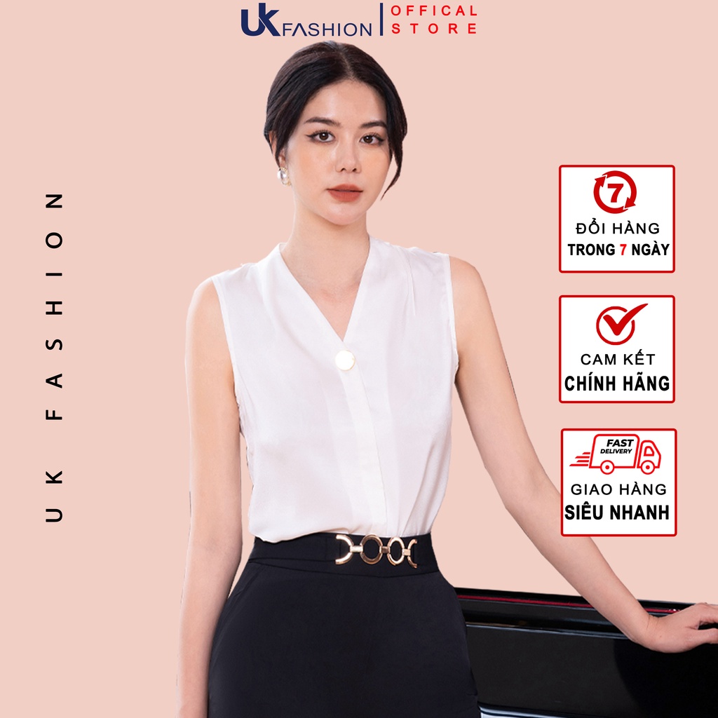 Áo Sơ Mi Lụa Nữ UK Fashion Thiết Kế Sát Nách Xếp Vai Đính Khuy Tinh Tế, Chất Vải Mềm Nhẹ NKSM2204004