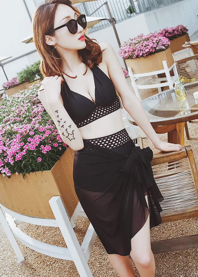 Bikini Nữ Lưng Cao Ren Lưới Kèm Khăn Voan - Đen