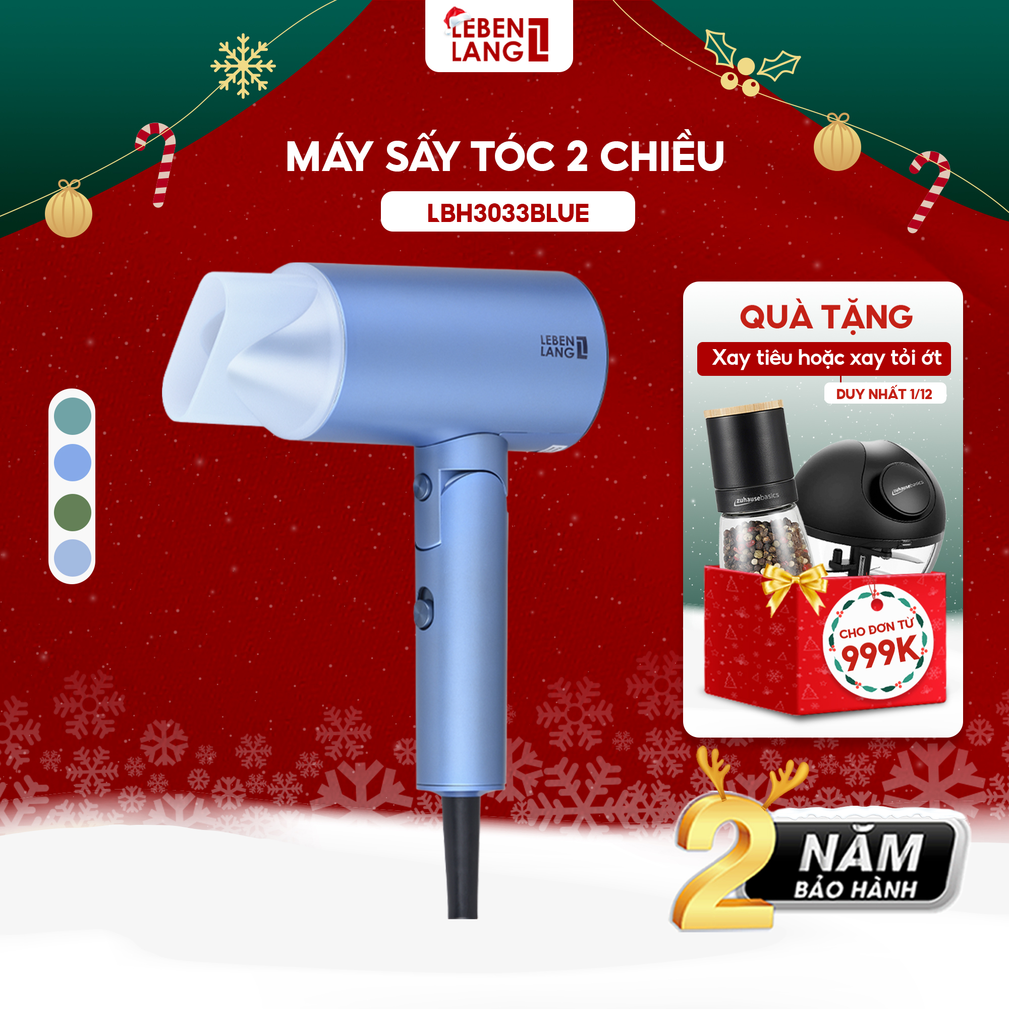 Máy sấy tóc 2 chiều nóng lạnh LEBENLANG LBL3033,công suất 2000W, chống xơ rối tóc bằng công nghệ ion, bảo hành 2 năm - hàng chính hãng