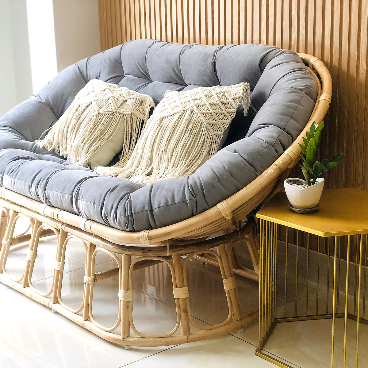 Ghế lười đôi mây thật papasan nệm nhiều màu